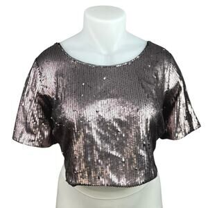 Ashley Nell Tiptop Pink Gold Metallic Sequin Short Sleeve Crop Blouse Top Sz XL